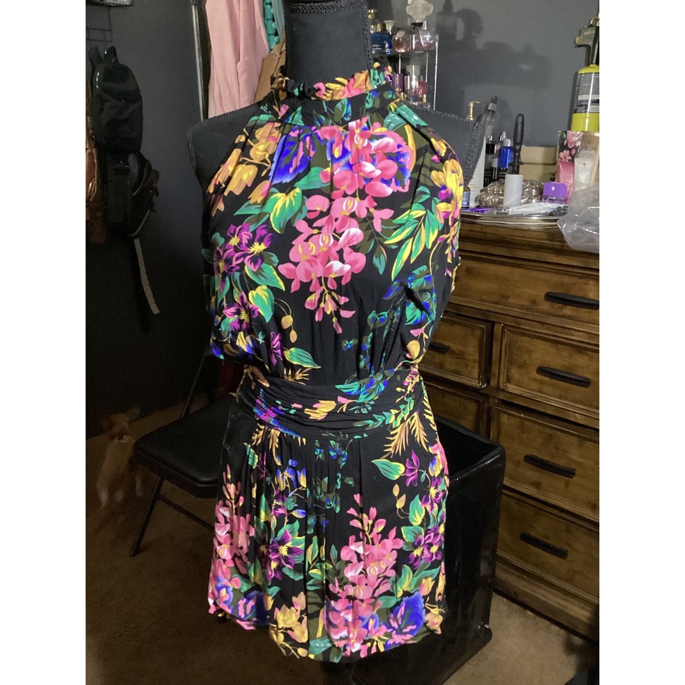 Rachel Rachel Roy Tropical Floral Halter Romper Black Pink Yellow Small